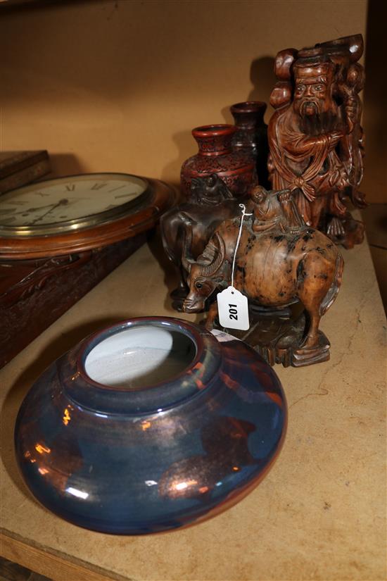 2 pairs of carved figures & pair of cinebar style vases etc